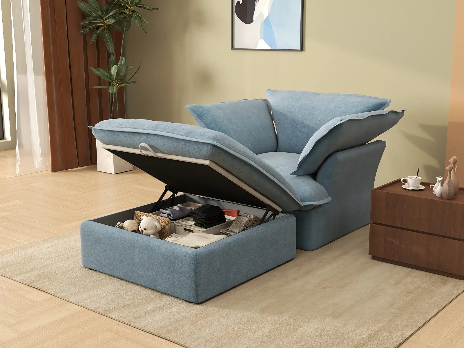 Deluxe Cloud Light Blue 1-Seater Single Sofa | 2-Piece (includes 1 ottoman), Velvet Fabric, Storage Ottoman
