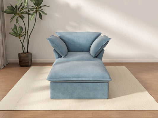 Sofá Individual de 1 Plaza Deluxe Cloud Color Azul Claro | 2 piezas (incluye 1 otomana), Tela de Terciopelo, Otomana con Almacenamiento