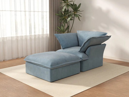 Sofá Individual de 1 Plaza Deluxe Cloud Color Azul Claro | 2 piezas (incluye 1 otomana), Tela de Terciopelo, Otomana con Almacenamiento