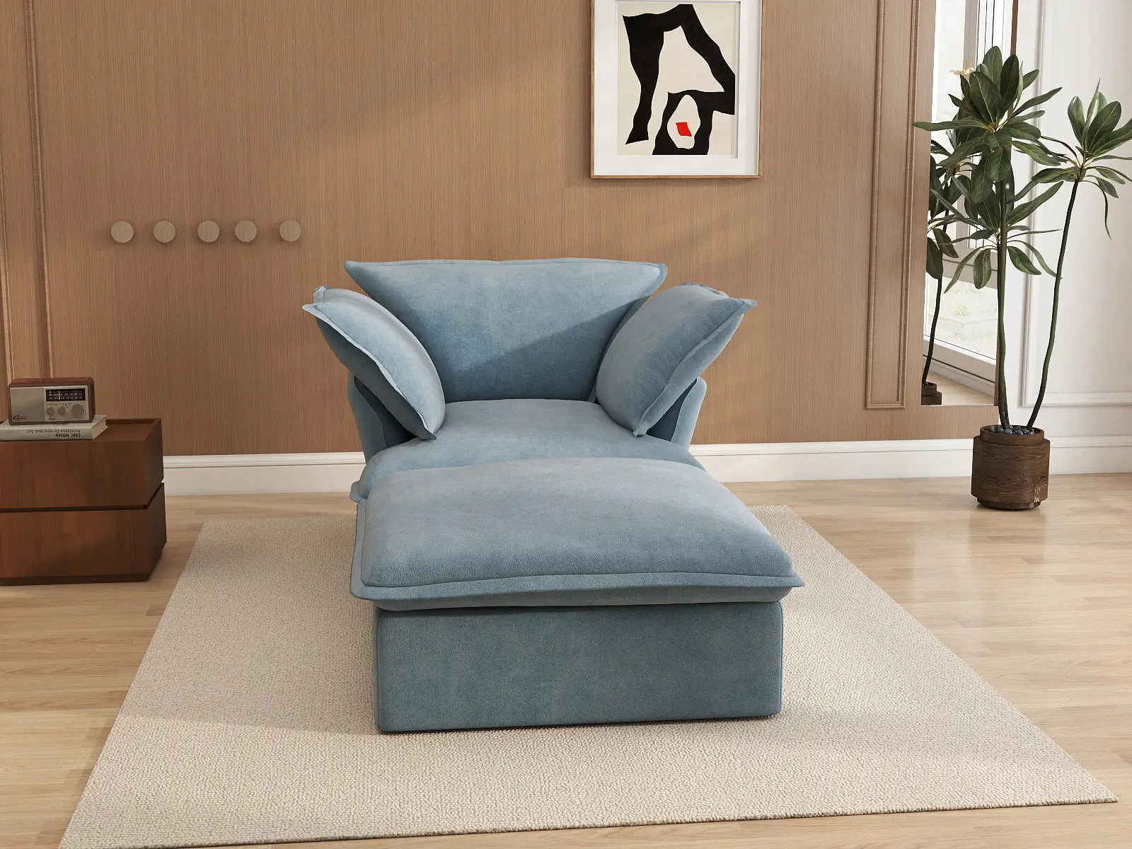 Deluxe Cloud Light Blue 1-Seater Single Sofa | 2-Piece (includes 1 ottoman), Velvet Fabric, Storage Ottoman