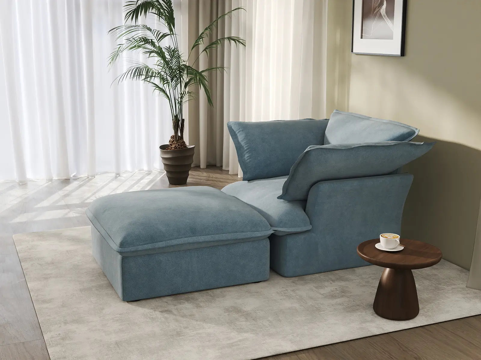 Deluxe Cloud Light Blue 1-Seater Single Sofa | 2-Piece (includes 1 ottoman), Velvet Fabric, Storage Ottoman