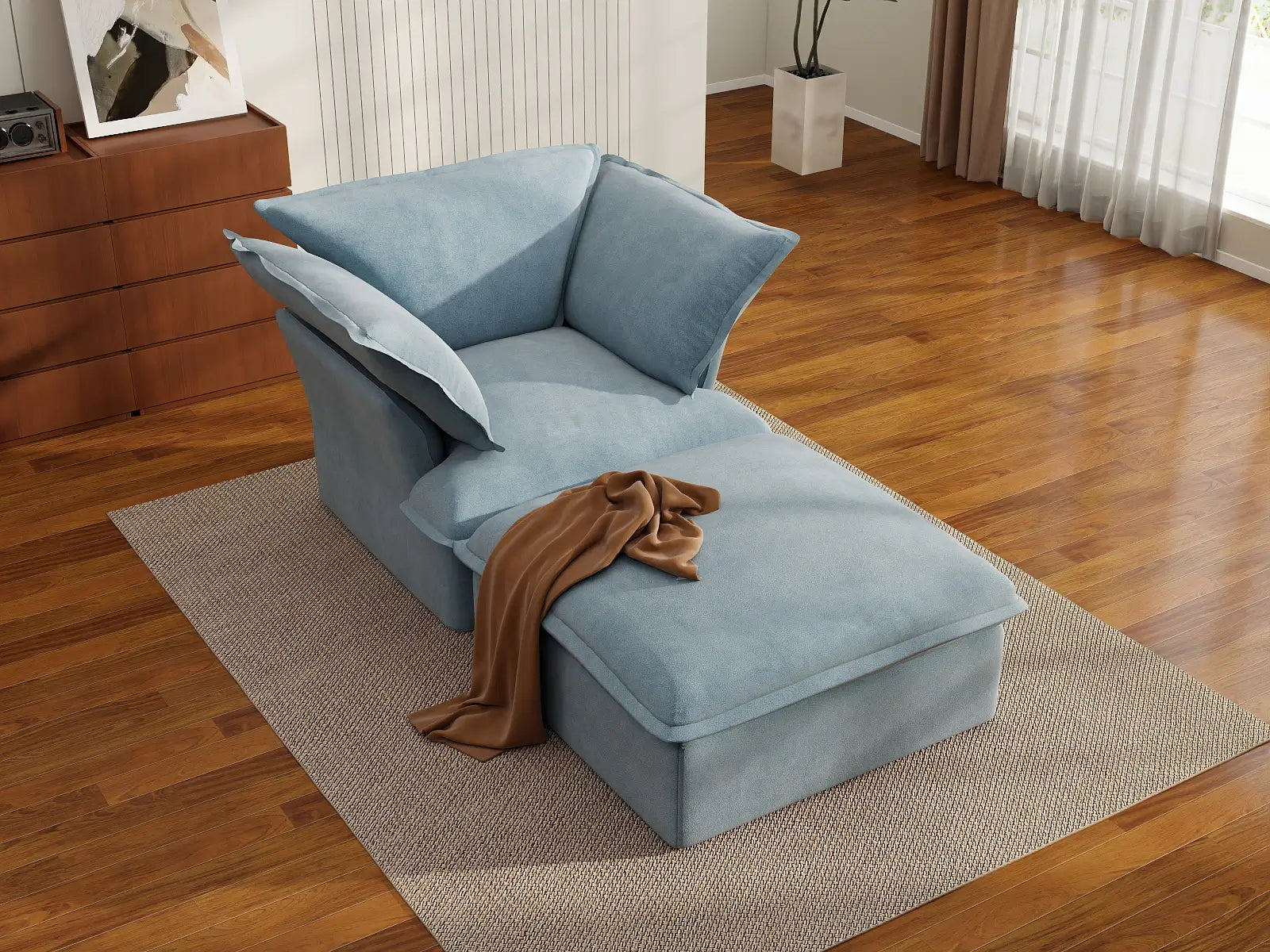 Deluxe Cloud Light Blue 1-Seater Single Sofa | 2-Piece (includes 1 ottoman), Velvet Fabric, Storage Ottoman