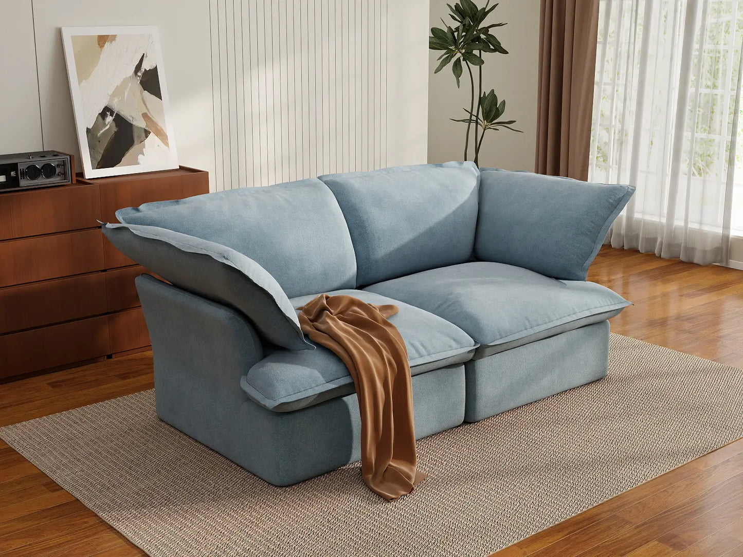 Deluxe Cloud Light Blue 2-Seater Loveseat Small Space | 2-Piece, Velvet Fabric, Washable Covers