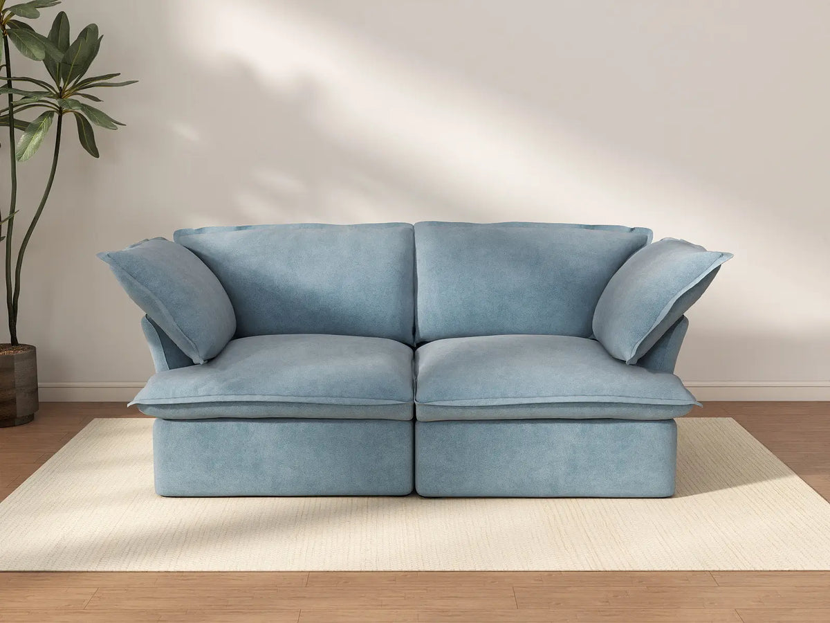 Deluxe Cloud Light Blue 2-Seater Loveseat Small Space | 2-Piece, Velvet Fabric, Washable Covers