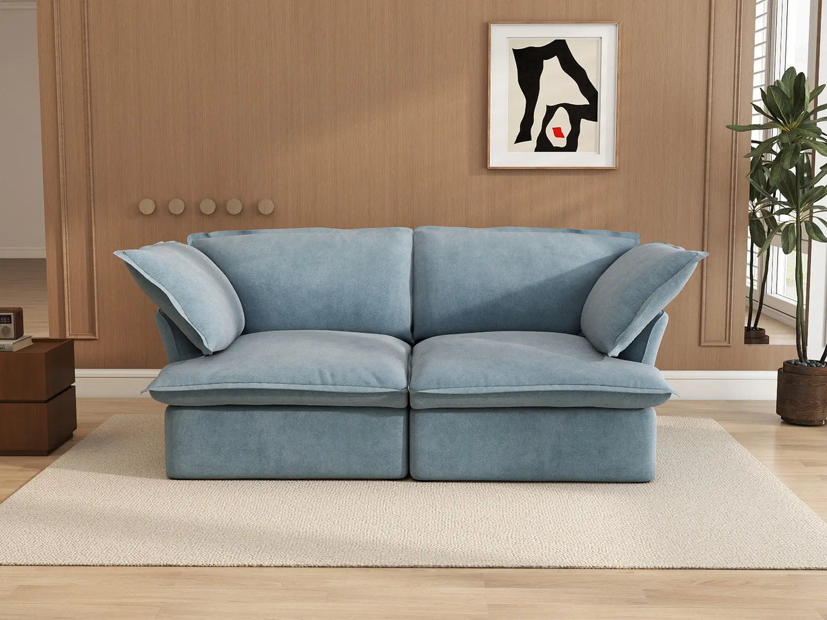 Deluxe Cloud Light Blue 2-Seater Loveseat Small Space | 2-Piece, Velvet Fabric, Washable Covers