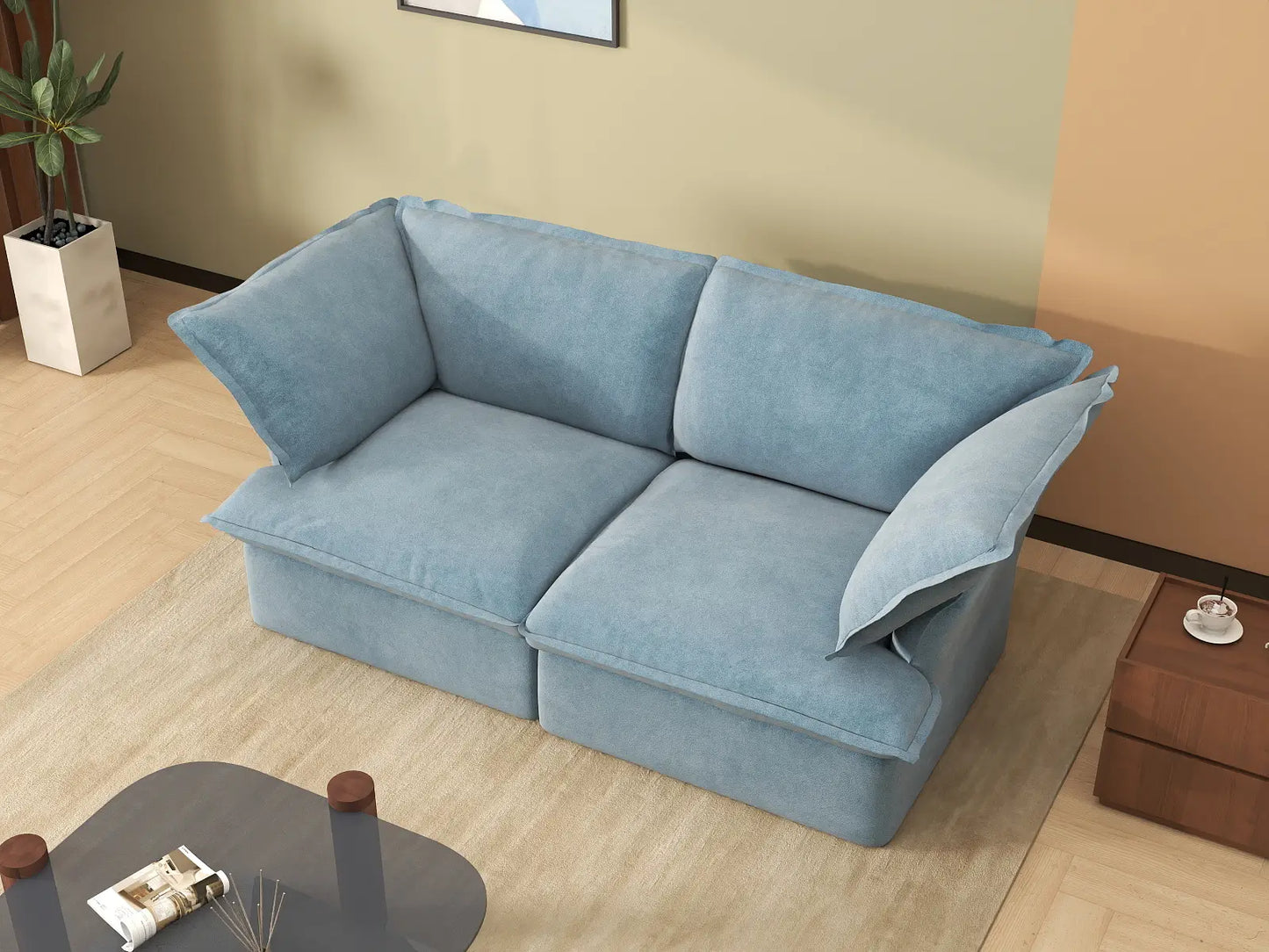 Deluxe Cloud Light Blue 2-Seater Loveseat Small Space | 2-Piece, Velvet Fabric, Washable Covers