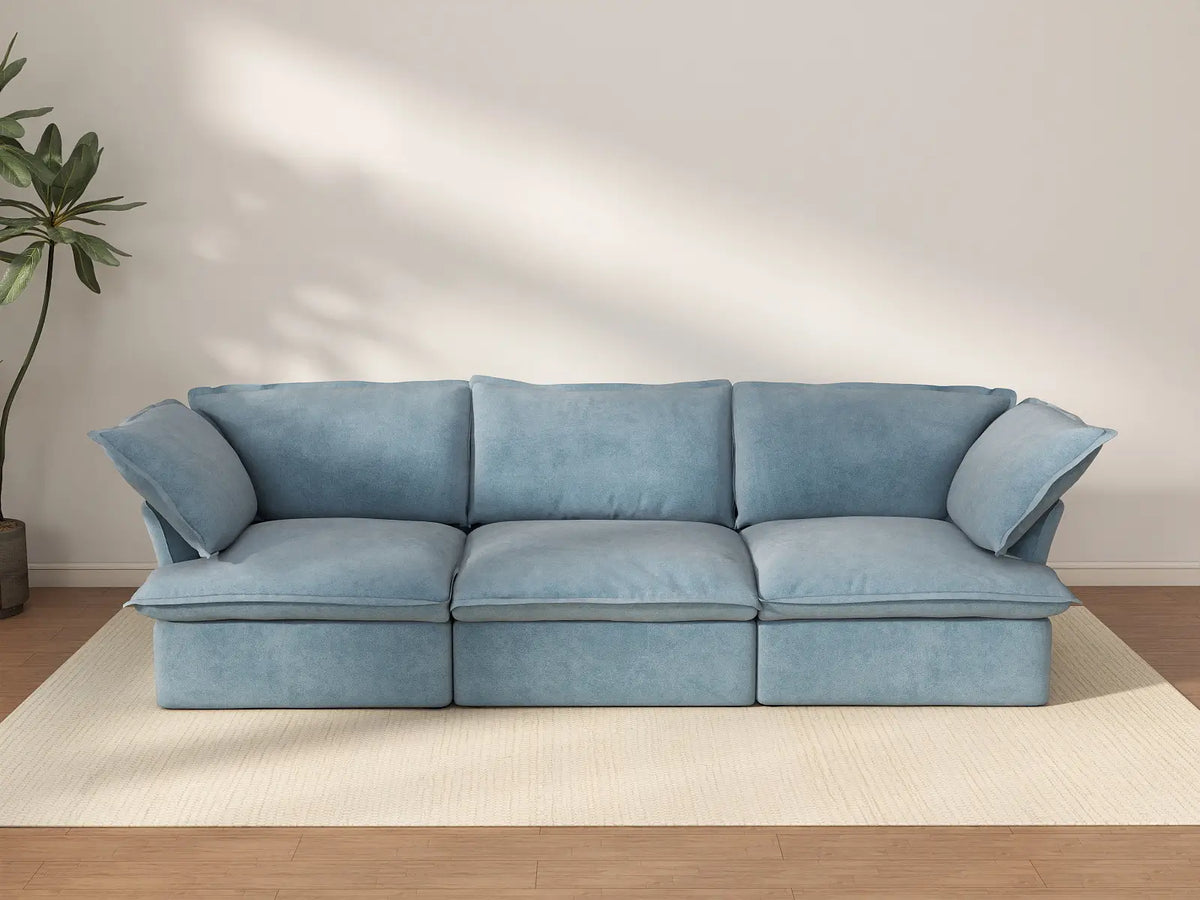 Deluxe Cloud Light Blue 3-Seater Modular Couch | 3-Piece, Velvet Fabric, Washable Covers