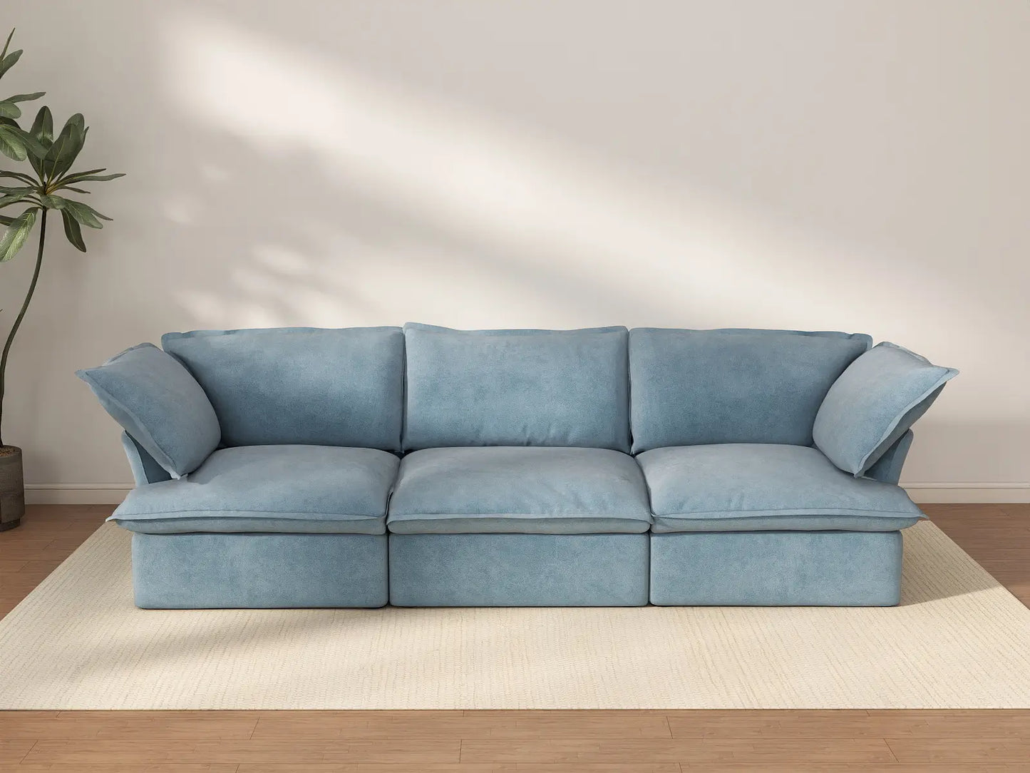 Deluxe Cloud Light Blue 3-Seater Modular Couch | 3-Piece, Velvet Fabric, Washable Covers