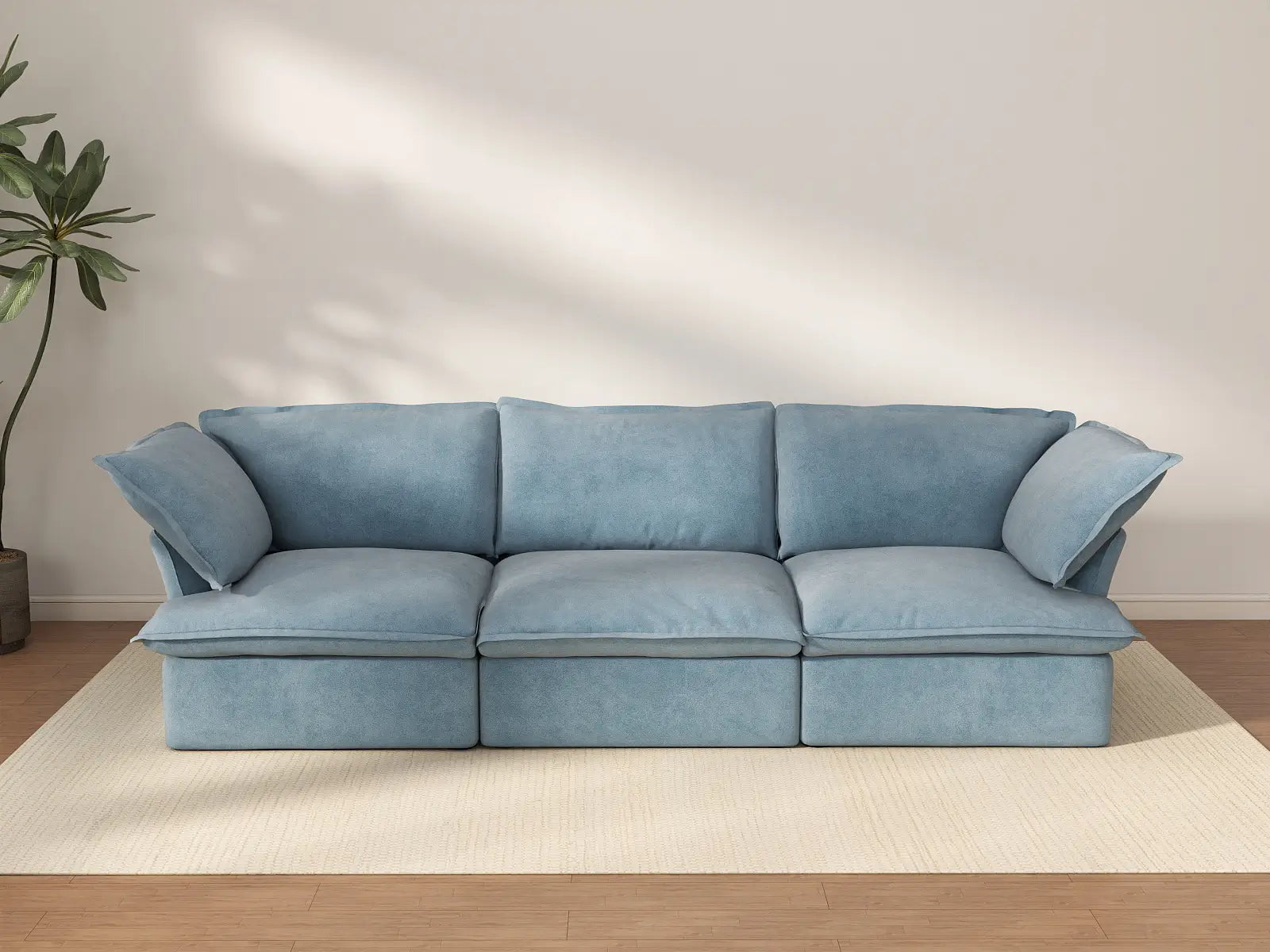 Sofá modular Deluxe Cloud azul claro de 3 plazas | 3 piezas, tejido de terciopelo, fundas lavables
