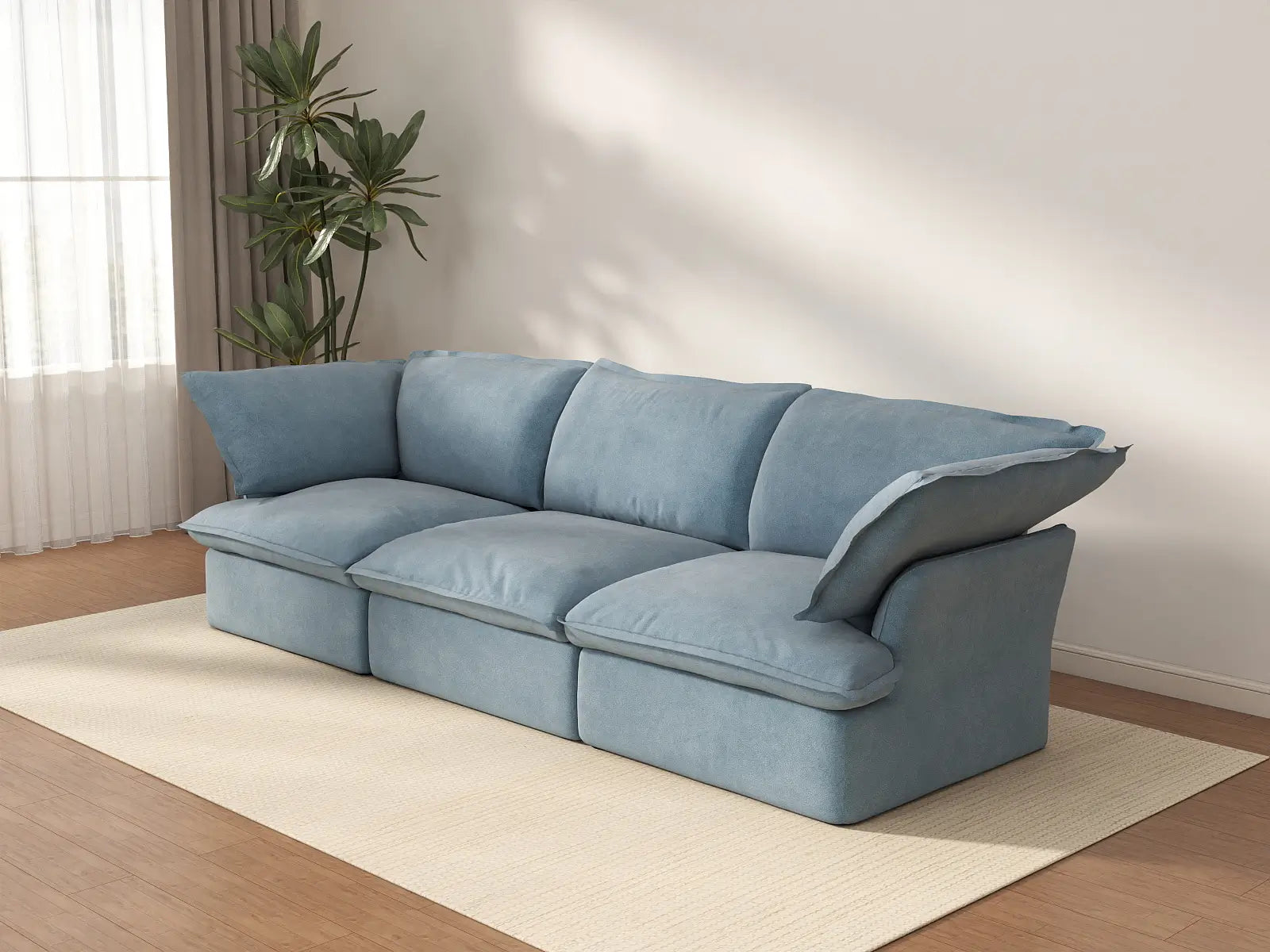Sofá modular Deluxe Cloud azul claro de 3 plazas | 3 piezas, tejido de terciopelo, fundas lavables