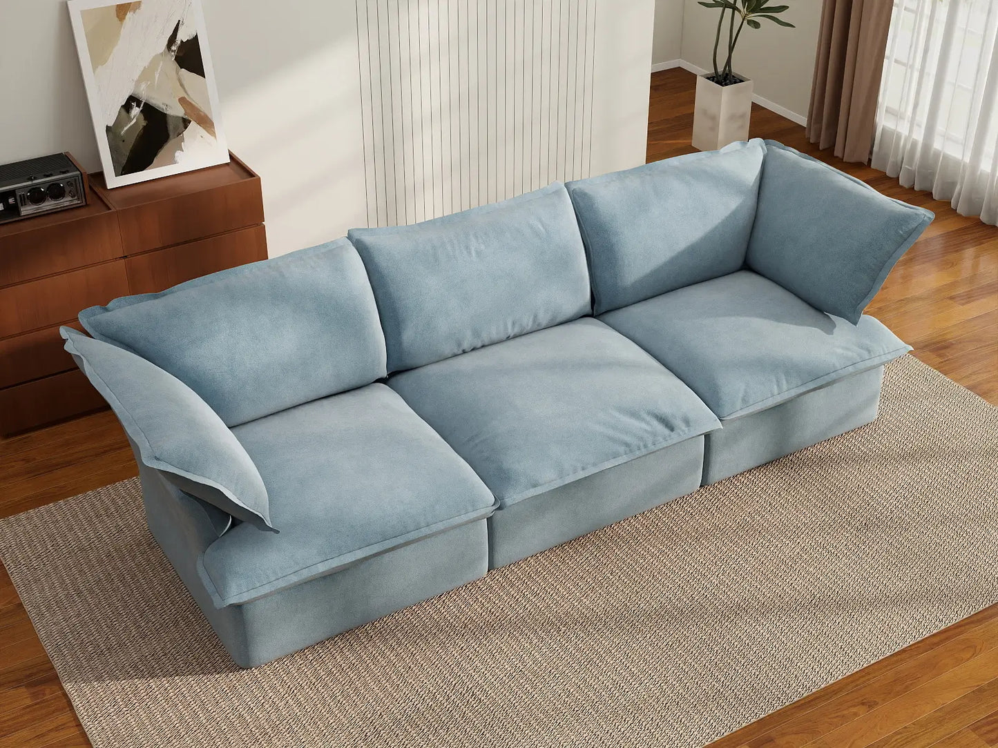 Deluxe Cloud Light Blue 3-Seater Modular Couch | 3-Piece, Velvet Fabric, Washable Covers
