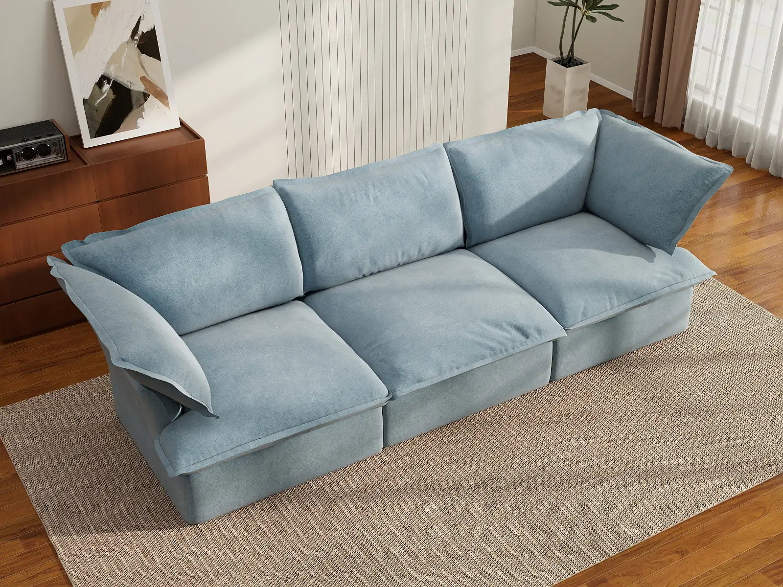 Sofá modular Deluxe Cloud azul claro de 3 plazas | 3 piezas, tejido de terciopelo, fundas lavables