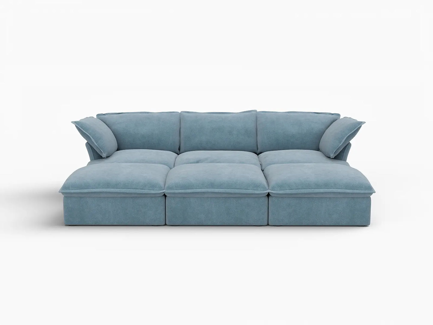 Deluxe Cloud Light Blue 3-Seater Modular Pit Sectional | 6-Piece (includes 3 ottomans), Velvet Fabric, Storage Ottoman