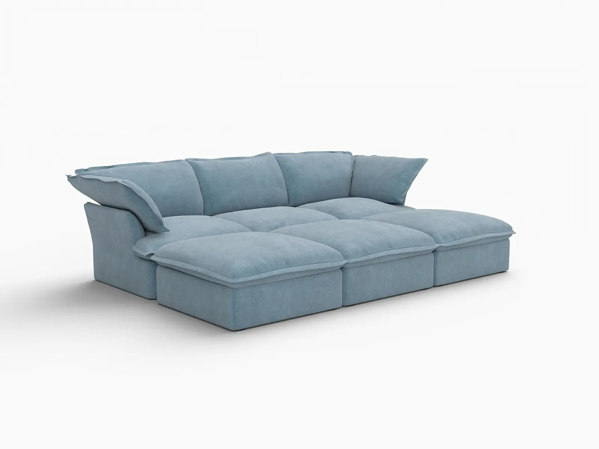 Deluxe Cloud Light Blue 3-Seater Modular Pit Sectional | 6-Piece (includes 3 ottomans), Velvet Fabric, Storage Ottoman