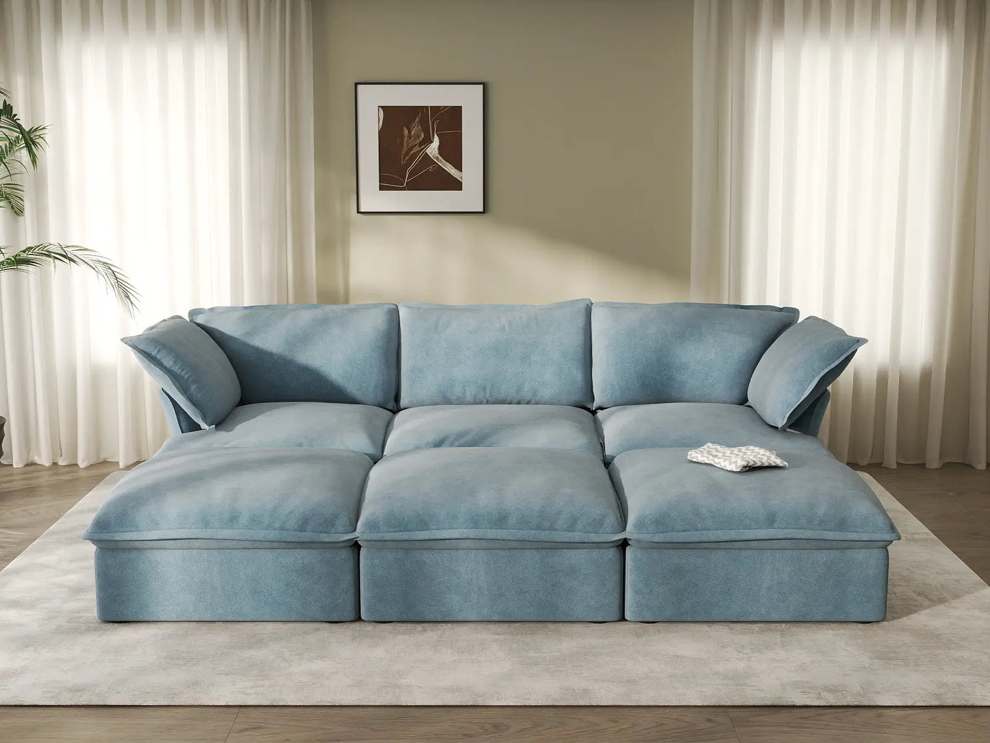 Deluxe Cloud Light Blue 3-Seater Modular Pit Sectional | 6-Piece (includes 3 ottomans), Velvet Fabric, Storage Ottoman
