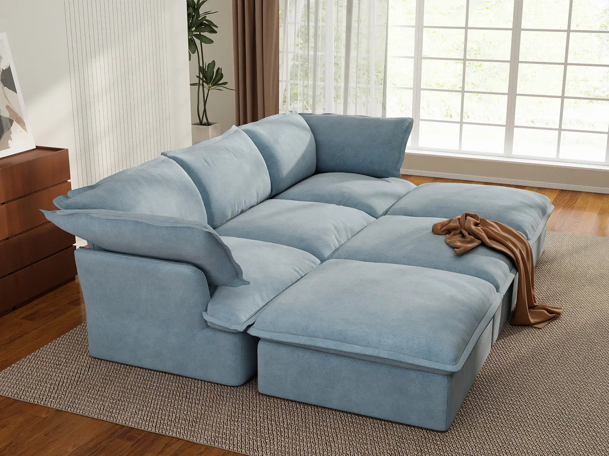 Deluxe Cloud Light Blue 3-Seater Modular Pit Sectional | 6-Piece (includes 3 ottomans), Velvet Fabric, Storage Ottoman