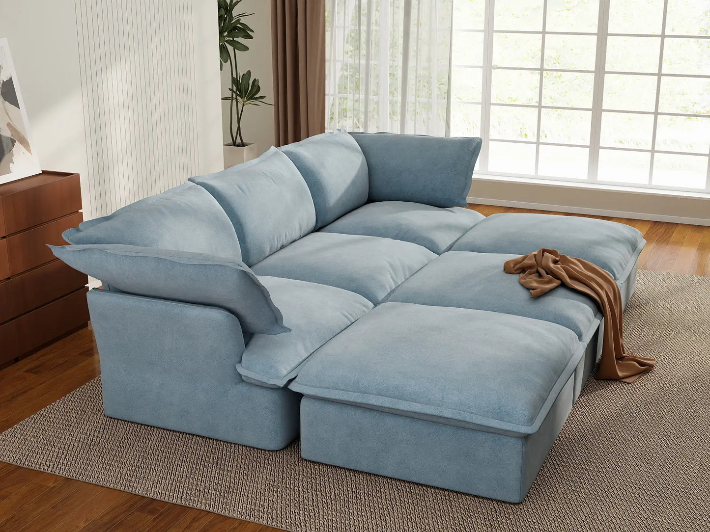 Deluxe Cloud Light Blue 3-Seater Modular Pit Sectional | 6-Piece (includes 3 ottomans), Velvet Fabric, Storage Ottoman