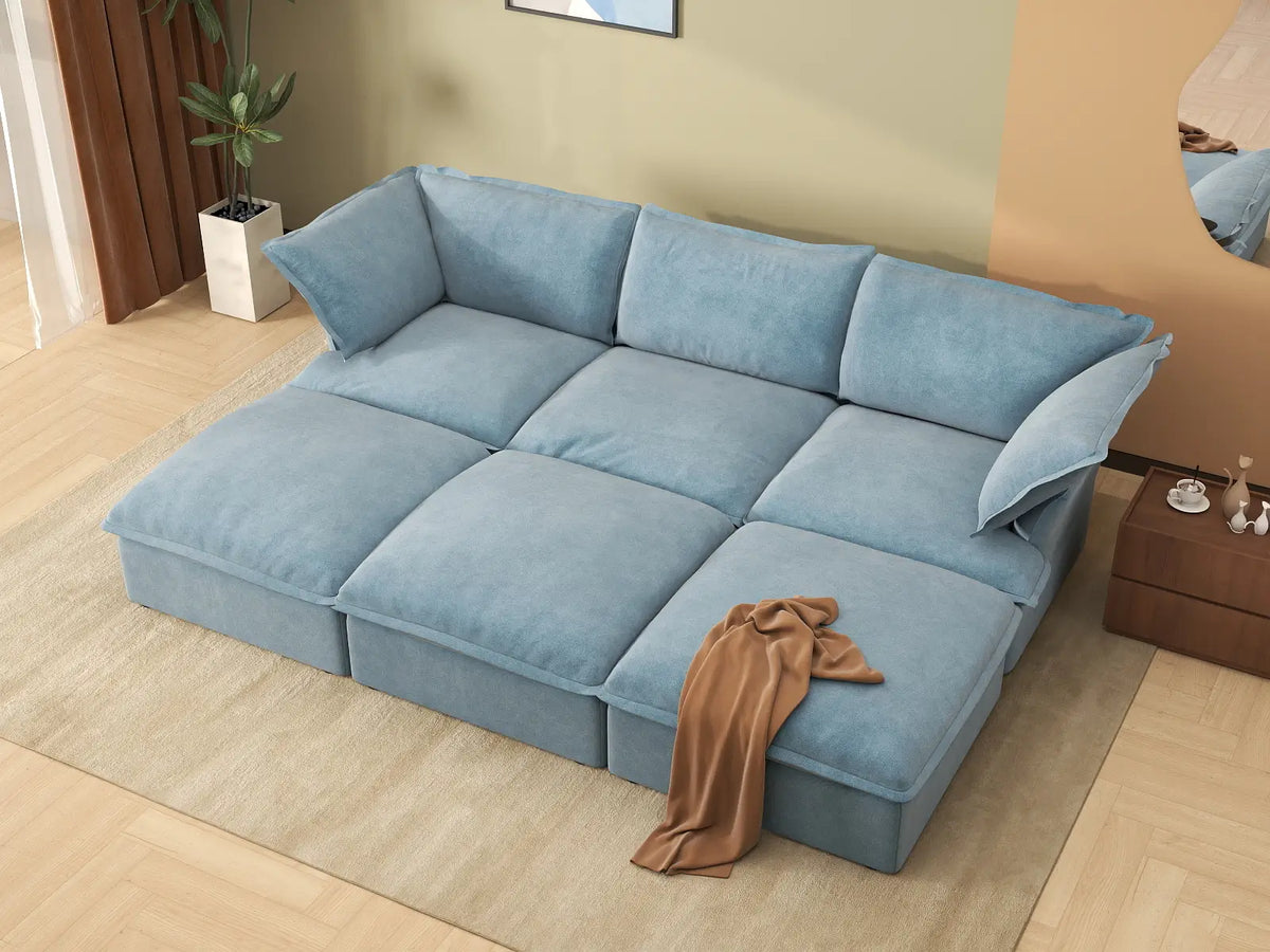 Deluxe Cloud Light Blue 3-Seater Modular Pit Sectional | 6-Piece (includes 3 ottomans), Velvet Fabric, Storage Ottoman