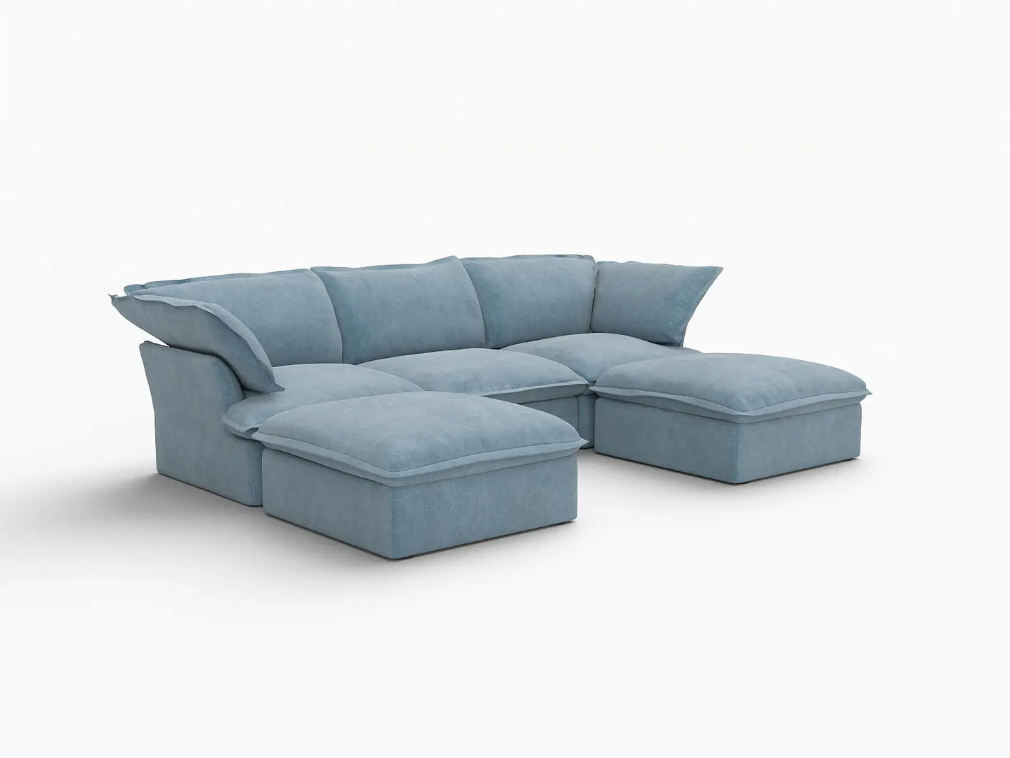 Sofá modular seccional de lujo de 3 plazas azul claro, 5 piezas (incluye 2 otomanas), tela de terciopelo, otomana con almacenamiento