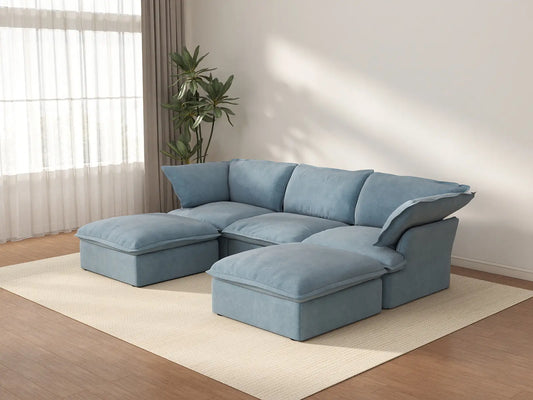 Sofá modular seccional de lujo de 3 plazas azul claro, 5 piezas (incluye 2 otomanas), tela de terciopelo, otomana con almacenamiento