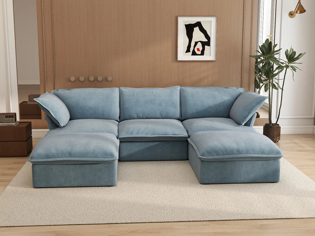 Sofá modular seccional de lujo de 3 plazas azul claro, 5 piezas (incluye 2 otomanas), tela de terciopelo, otomana con almacenamiento