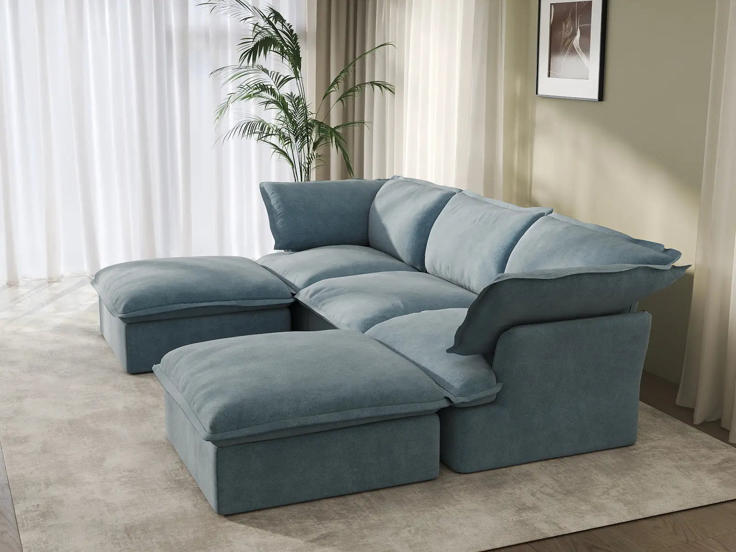 Sofá modular seccional de lujo de 3 plazas azul claro, 5 piezas (incluye 2 otomanas), tela de terciopelo, otomana con almacenamiento
