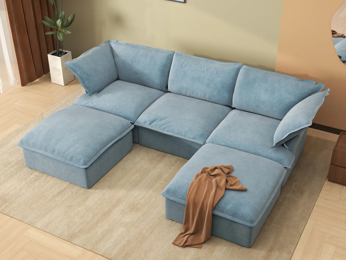 Sofá modular seccional de lujo de 3 plazas azul claro, 5 piezas (incluye 2 otomanas), tela de terciopelo, otomana con almacenamiento
