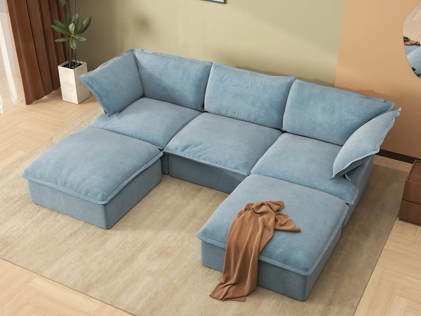 Sofá modular seccional de lujo de 3 plazas azul claro, 5 piezas (incluye 2 otomanas), tela de terciopelo, otomana con almacenamiento