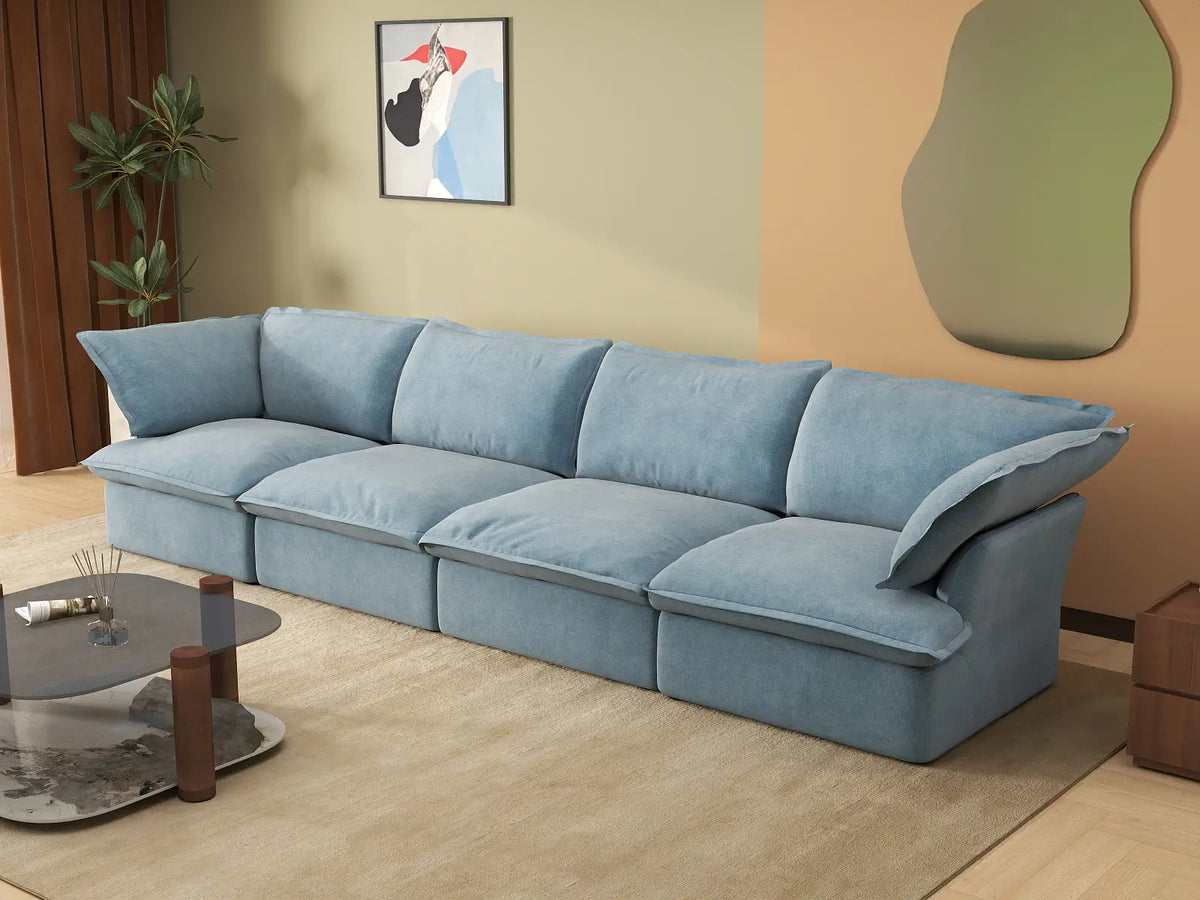 Deluxe Cloud Light Blue 4-Seater Couch Sectional | 4-Piece, Velvet Fabric, Washable Covers