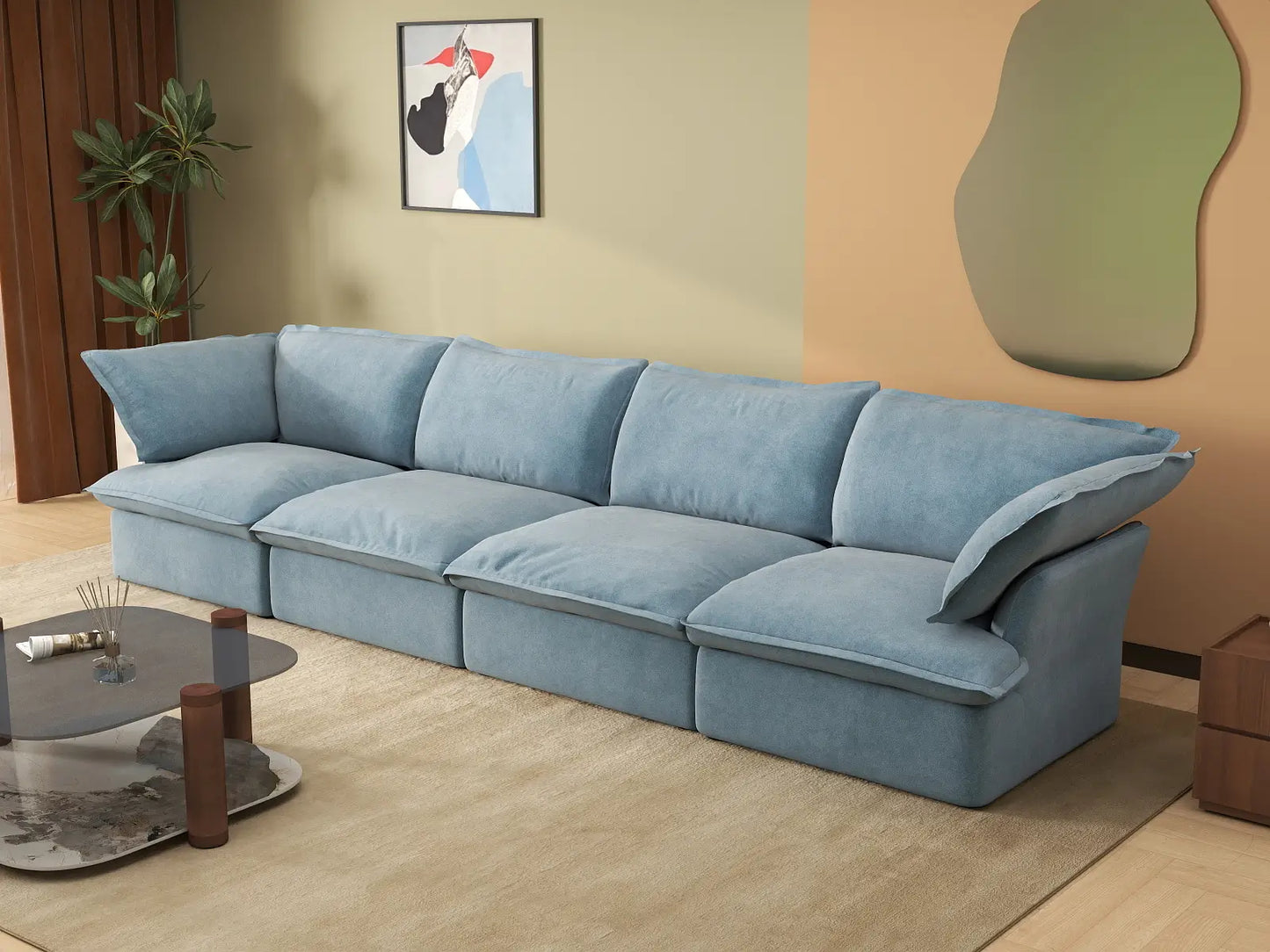 Deluxe Cloud Light Blue 4-Seater Couch Sectional | 4-Piece, Velvet Fabric, Washable Covers