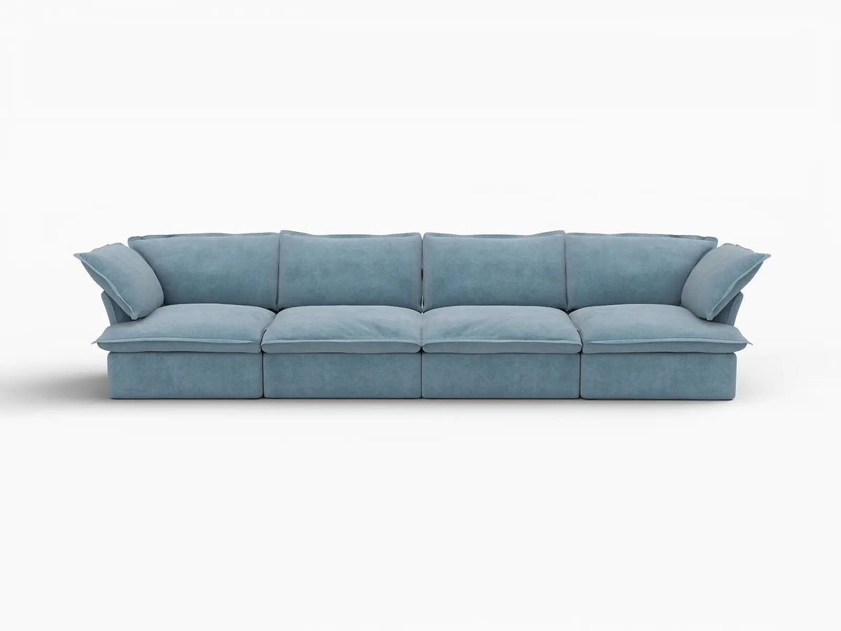 Deluxe Cloud Light Blue 4-Seater Couch Sectional | 4-Piece, Velvet Fabric, Washable Covers