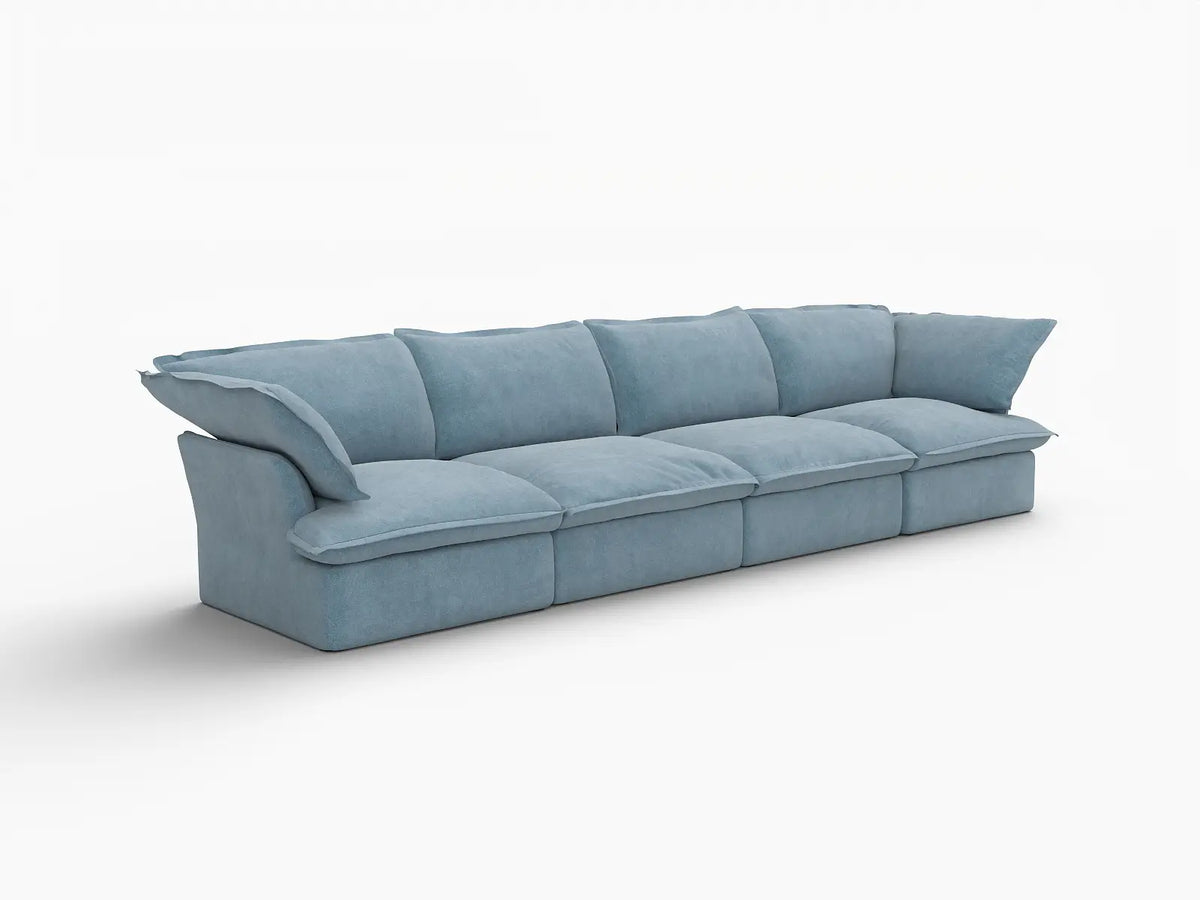 Deluxe Cloud Light Blue 4-Seater Couch Sectional | 4-Piece, Velvet Fabric, Washable Covers