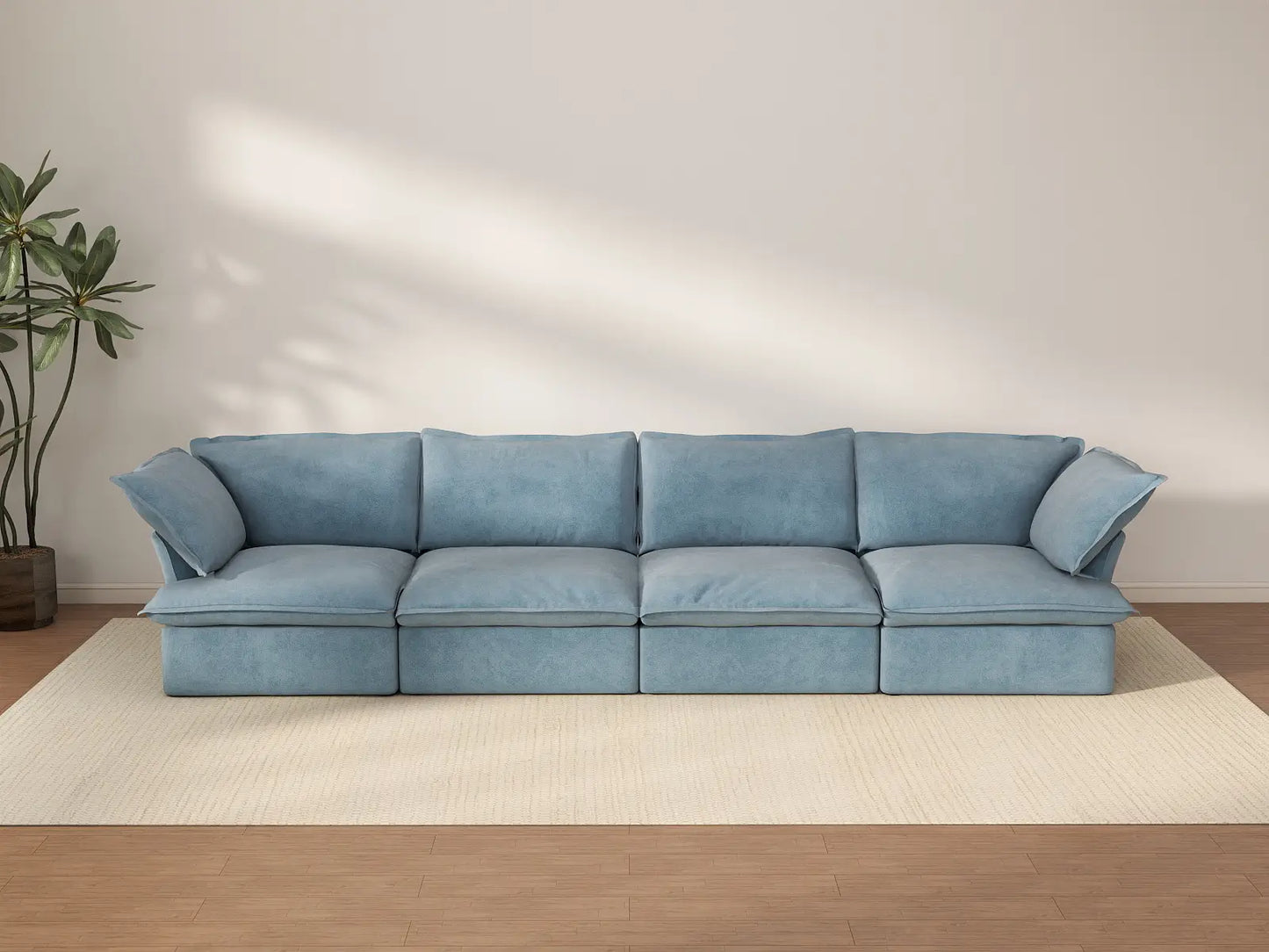Deluxe Cloud Light Blue 4-Seater Couch Sectional | 4-Piece, Velvet Fabric, Washable Covers