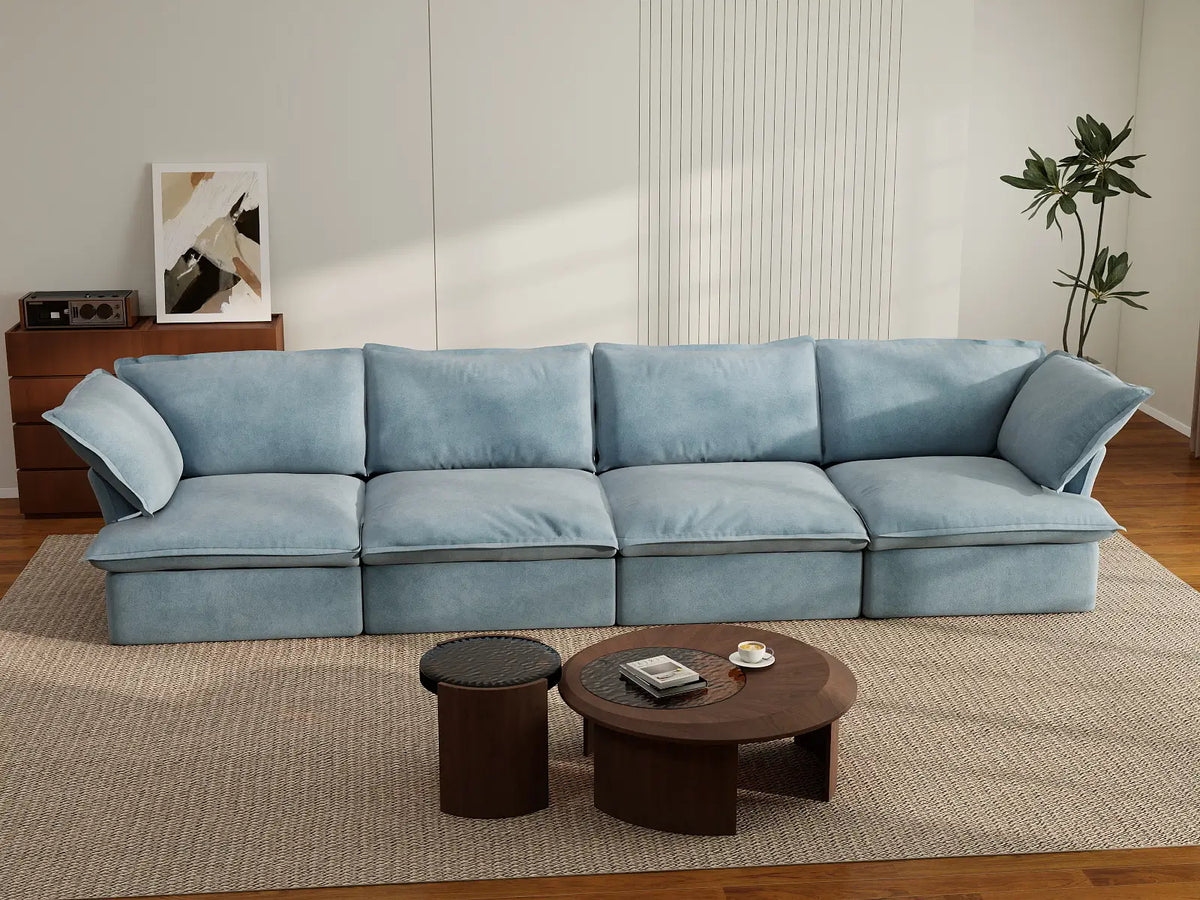 Deluxe Cloud Light Blue 4-Seater Couch Sectional | 4-Piece, Velvet Fabric, Washable Covers