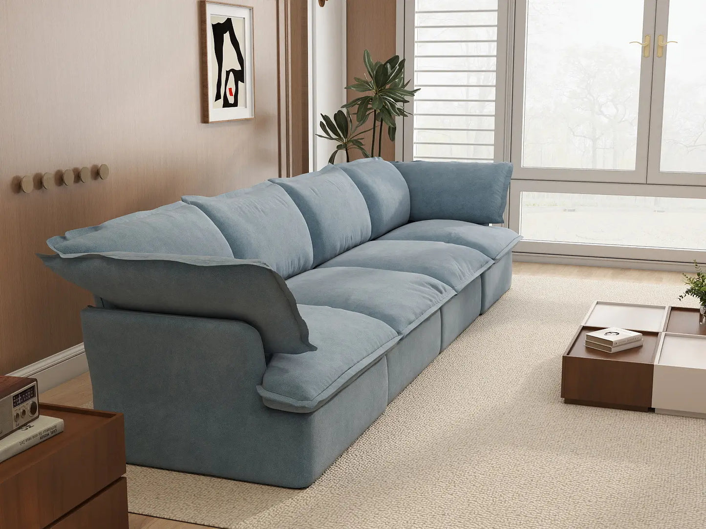 Deluxe Cloud Light Blue 4-Seater Couch Sectional | 4-Piece, Velvet Fabric, Washable Covers