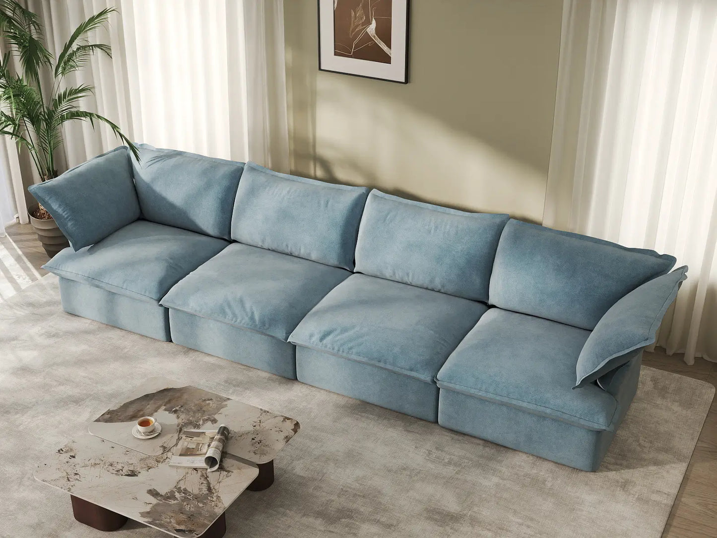 Deluxe Cloud Light Blue 4-Seater Couch Sectional | 4-Piece, Velvet Fabric, Washable Covers
