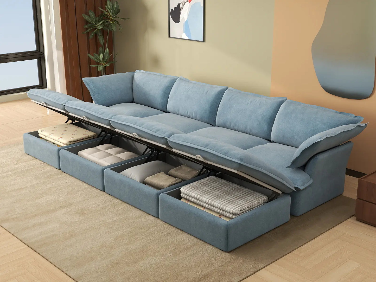 Deluxe Cloud Light Blue 4-Seater Pit Sectional | 8-Piece (includes 4 ottomans), Velvet Fabric, Storage Ottoman
