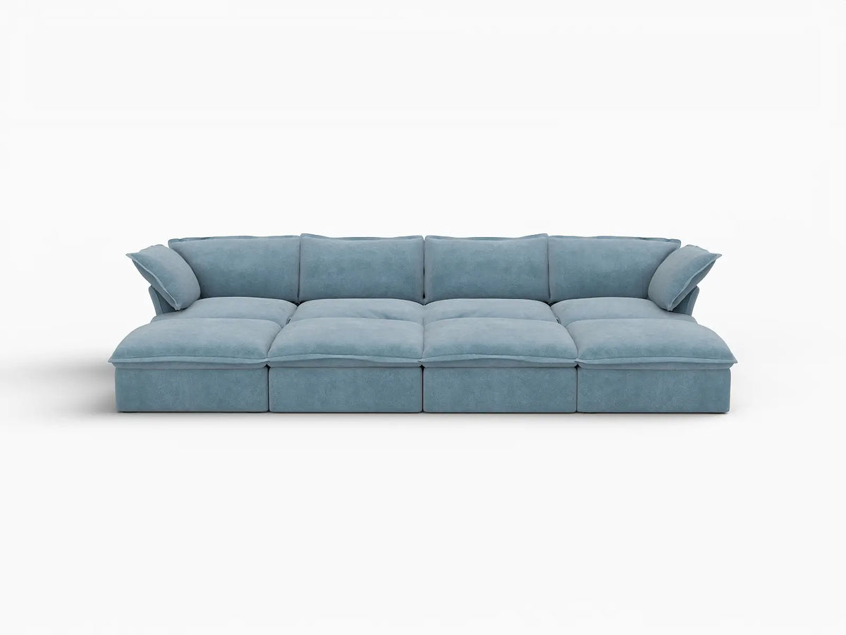 Deluxe Cloud Light Blue 4-Seater Pit Sectional | 8-Piece (includes 4 ottomans), Velvet Fabric, Storage Ottoman