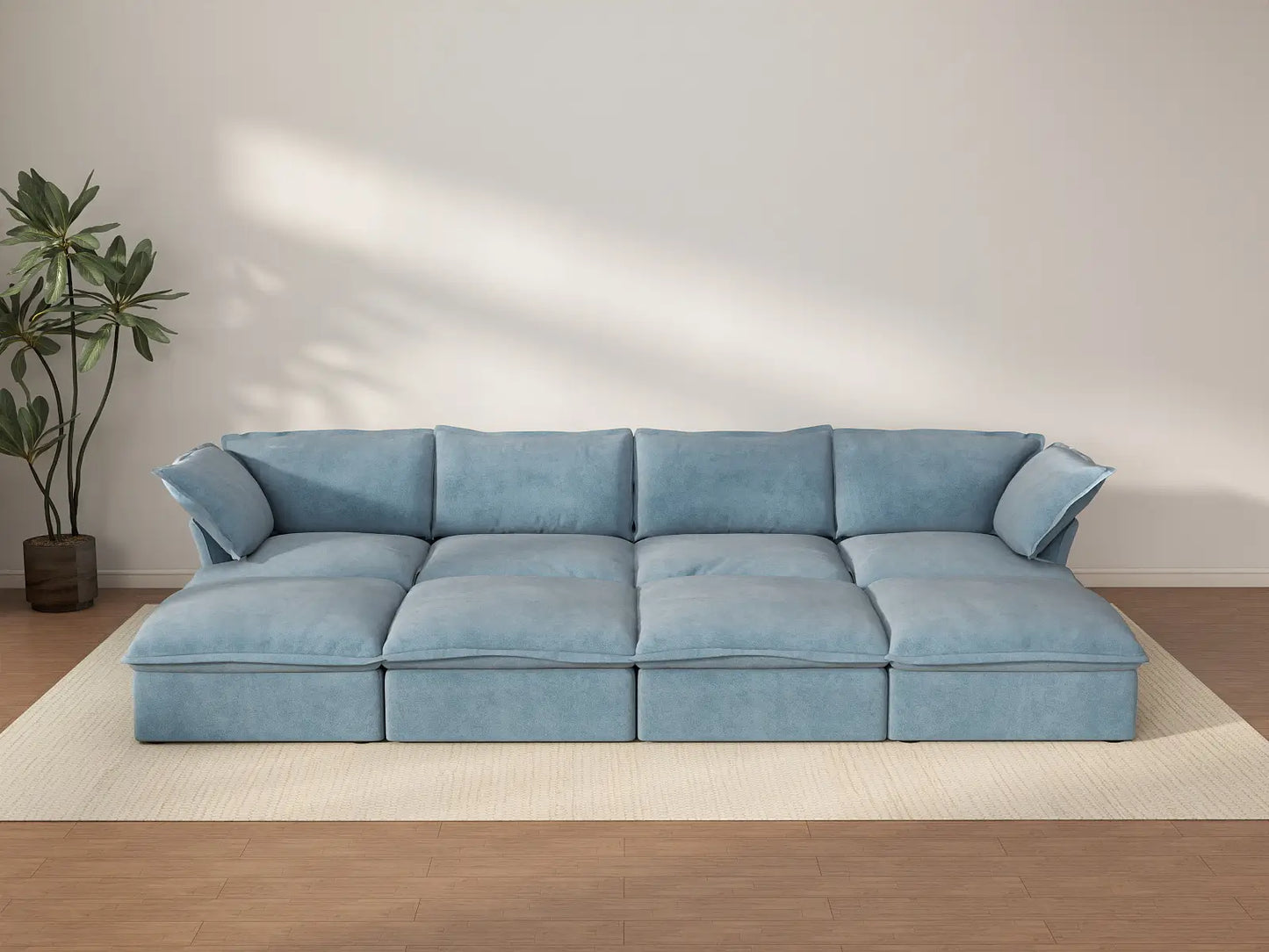 Deluxe Cloud Light Blue 4-Seater Pit Sectional | 8-Piece (includes 4 ottomans), Velvet Fabric, Storage Ottoman