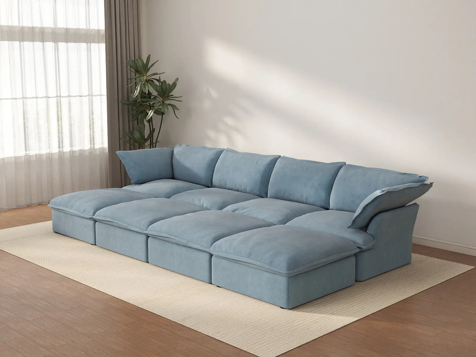Seccional Modular de Lujo Cloud Azul Claro de 4 Plazas | 8 piezas (incluye 4 otomanas), Tela de Terciopelo, Otomana con Almacenamiento