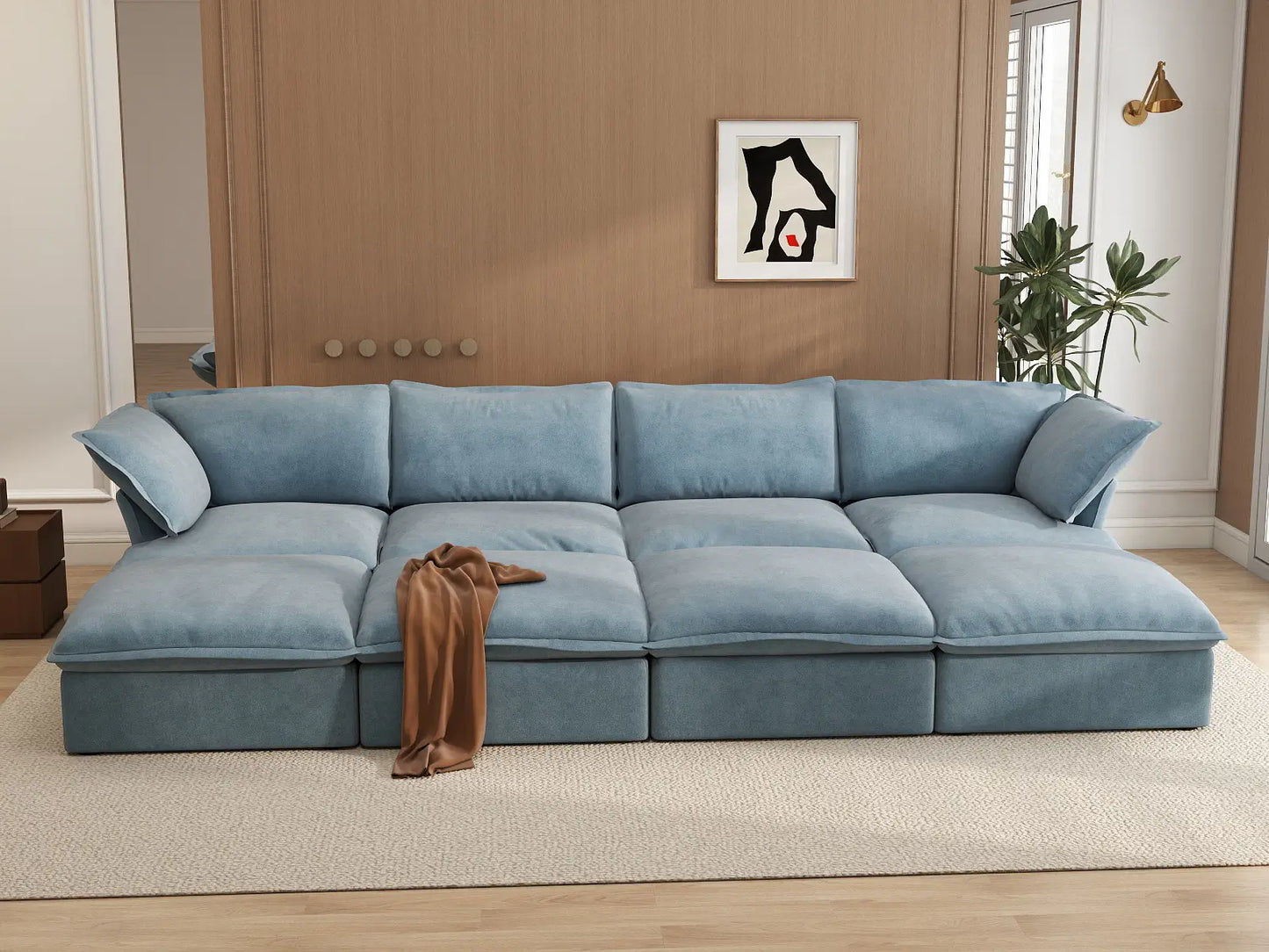 Deluxe Cloud Light Blue 4-Seater Pit Sectional | 8-Piece (includes 4 ottomans), Velvet Fabric, Storage Ottoman