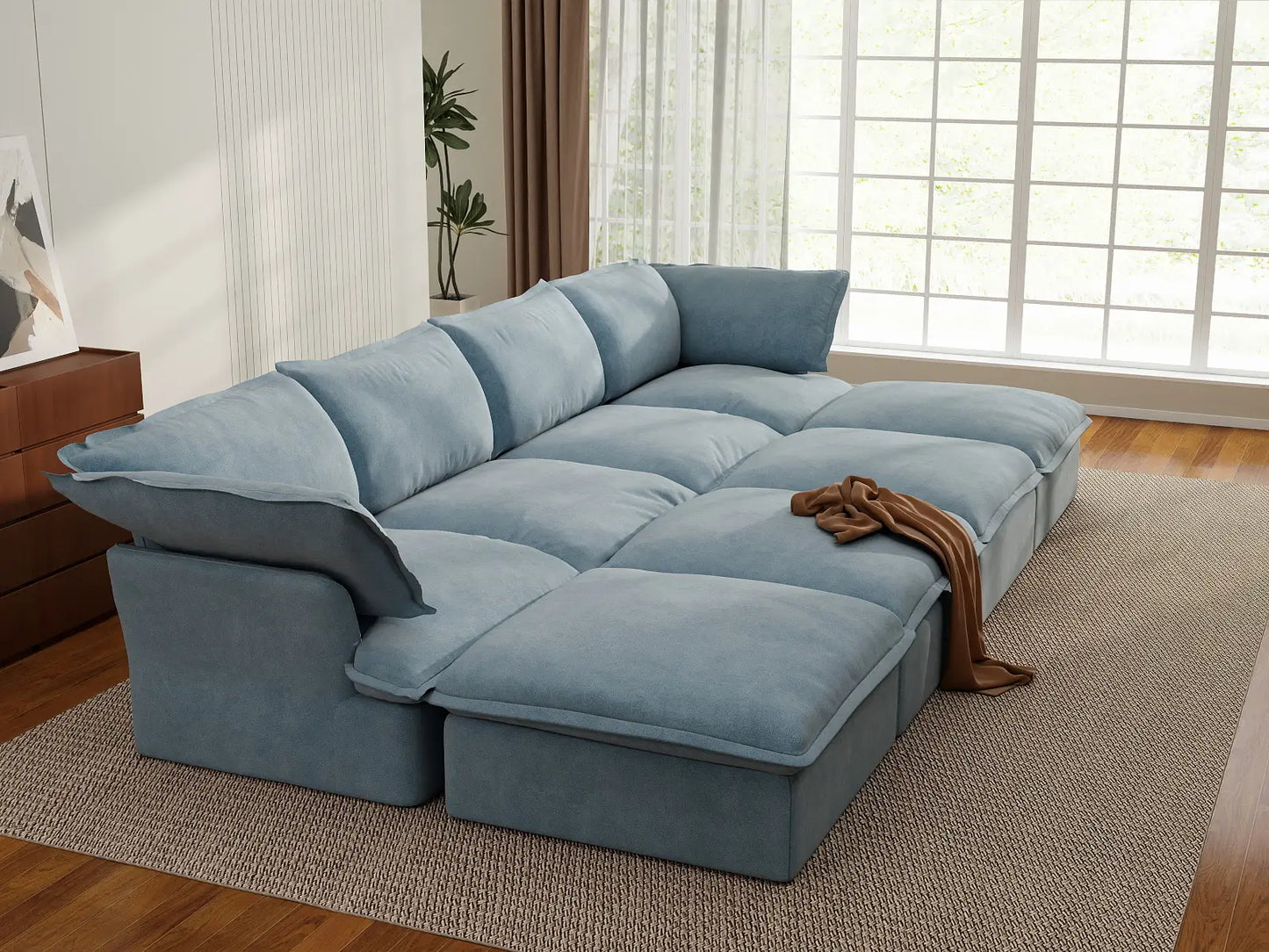 Deluxe Cloud Light Blue 4-Seater Pit Sectional | 8-Piece (includes 4 ottomans), Velvet Fabric, Storage Ottoman