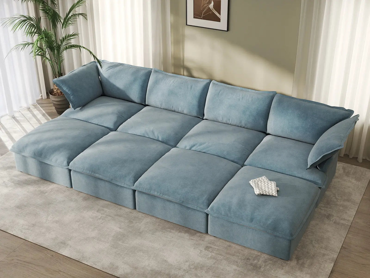 Deluxe Cloud Light Blue 4-Seater Pit Sectional | 8-Piece (includes 4 ottomans), Velvet Fabric, Storage Ottoman