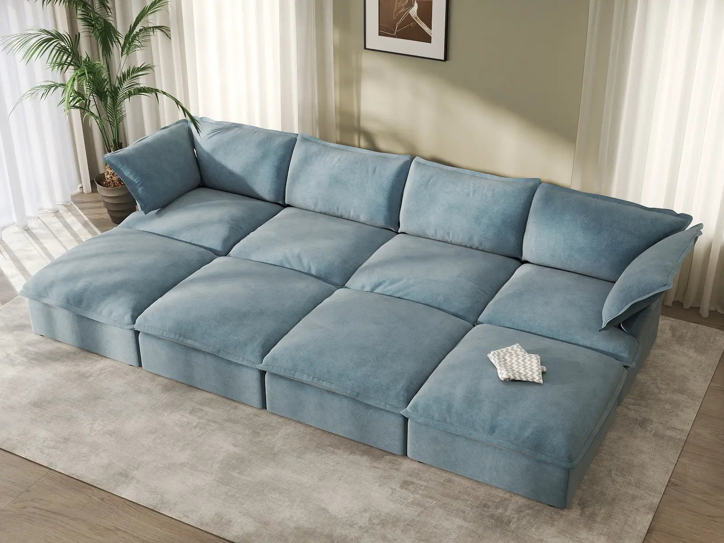 Deluxe Cloud Light Blue 4-Seater Pit Sectional | 8-Piece (includes 4 ottomans), Velvet Fabric, Storage Ottoman