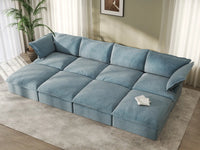 Deluxe Cloud Light Blue 4-Seater Pit Sectional | 8-Piece (includes 4 ottomans), Velvet Fabric, Storage Ottoman