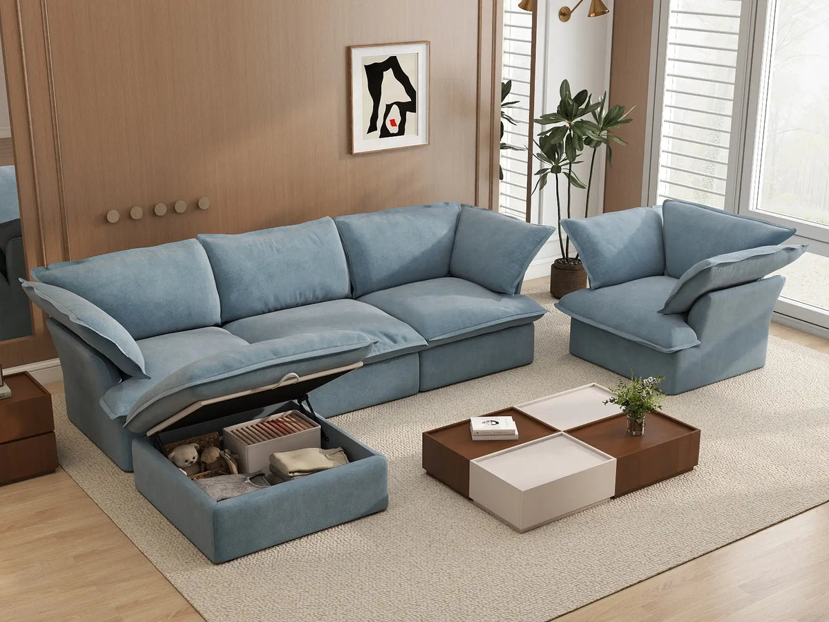 Deluxe Cloud Light Blue 4-Seater Sofa with Storage | 5-Piece (includes 1 ottoman), Velvet Fabric, Washable Covers