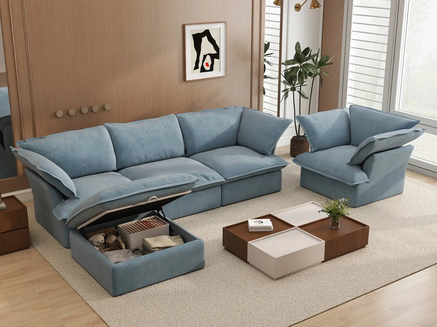 Deluxe Cloud Light Blue 4-Seater Sofa with Storage | 5-Piece (includes 1 ottoman), Velvet Fabric, Washable Covers