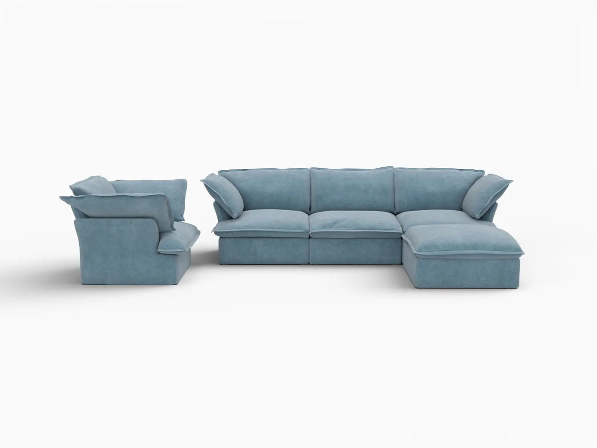 Deluxe Cloud Light Blue 4-Seater Sofa with Storage | 5-Piece (includes 1 ottoman), Velvet Fabric, Washable Covers