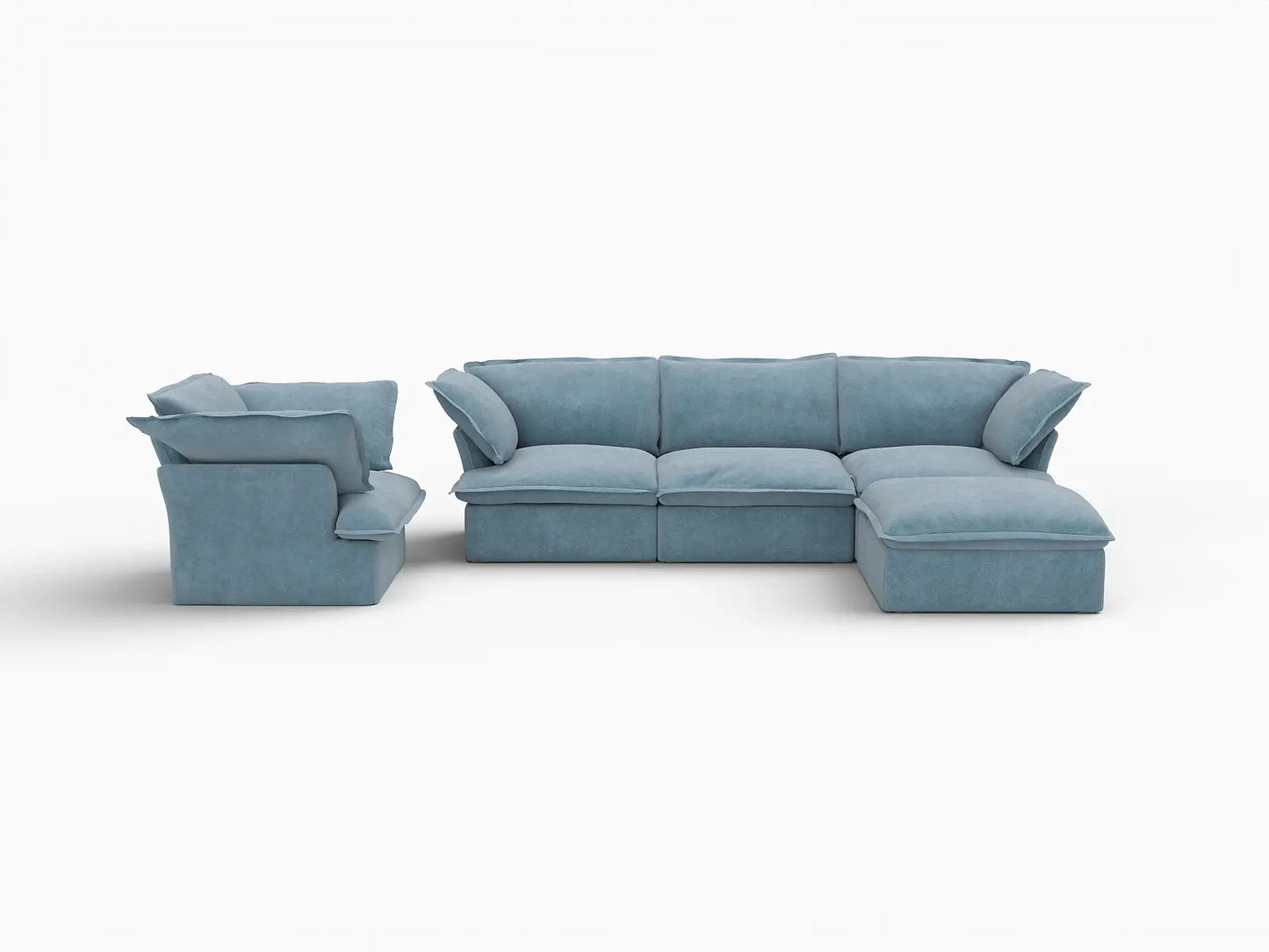 Deluxe Cloud Light Blue 4-Seater Sofa with Storage | 5-Piece (includes 1 ottoman), Velvet Fabric, Washable Covers