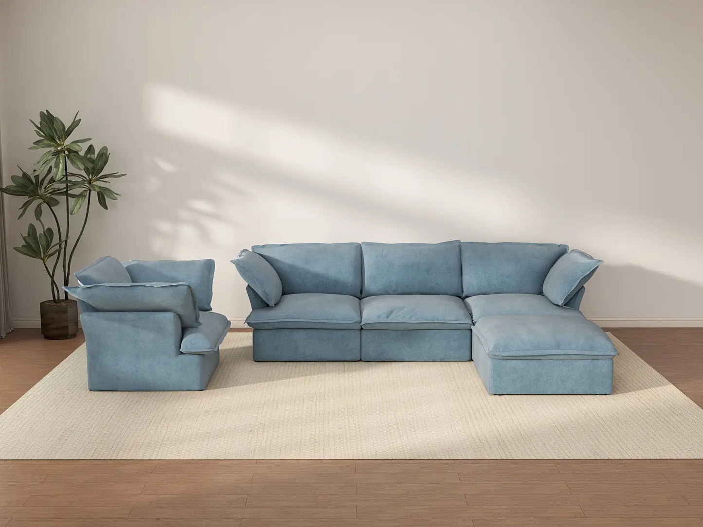 Deluxe Cloud Light Blue 4-Seater Sofa with Storage | 5-Piece (includes 1 ottoman), Velvet Fabric, Washable Covers